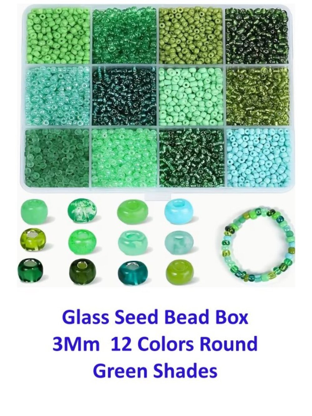 Glass Seed Bead Box 3Mm 12 Colors Round Green Shades